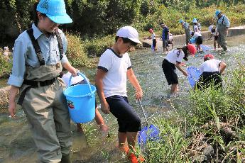 水辺の観察会を行う子ども達