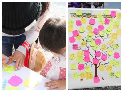 安威川フェスティバルに参加した親子が茨木への想いを花型の付箋に書き込む様子と参加者の書き込んだ付箋が複数、木のイラストが書かれた用紙の上に張り付けられ完成した様子