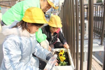 花の植え付けをする児童ら