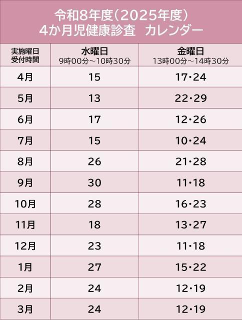 4か月児健診日程表