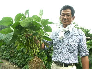 収穫した枝豆の苗を持った吉田豊彦さんの写真