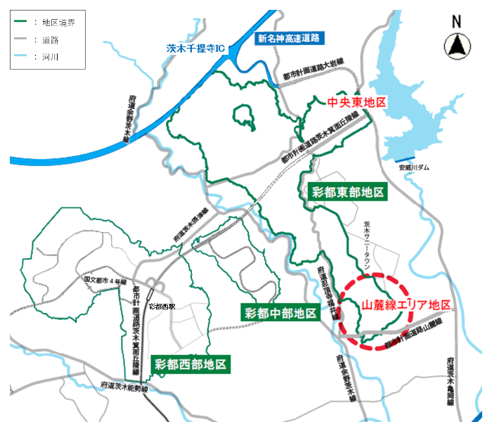 彩都東部山麓線エリア地区の位置図