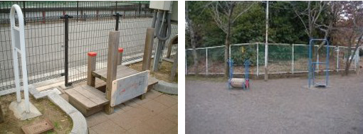 左:前屈(東奈良あやめ南児童遊園) 右:ツイストとバランス歩行器(桜公園)