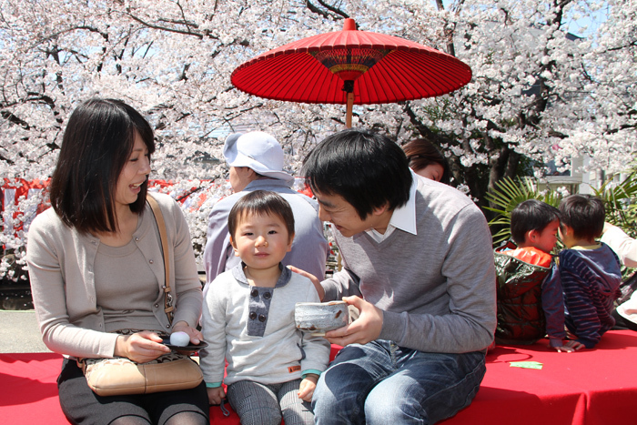 桜の下、笑顔で野だてをする親子の写真